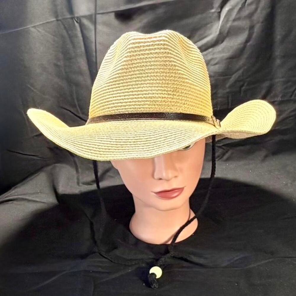🚨 Western Tan Straw Cowboy Hat w/ Black Band Unisex Men’s Women’s Size: L 🤠